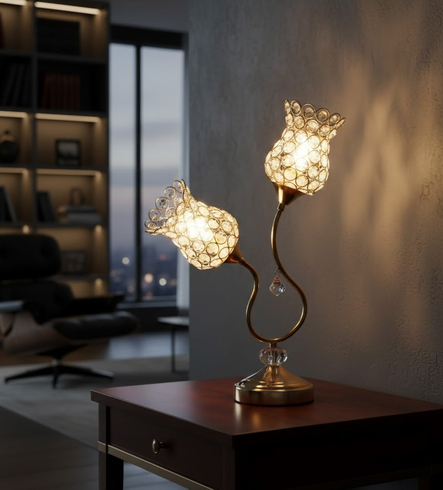 Decorative flower table lamp with glass shades on a wooden surface in a room setting