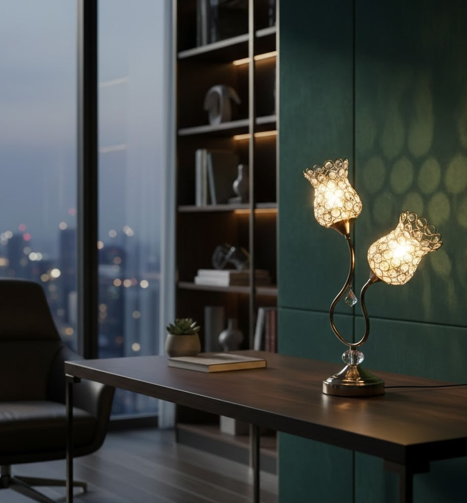 Decorative flower table lamp on a desk with cityscape view