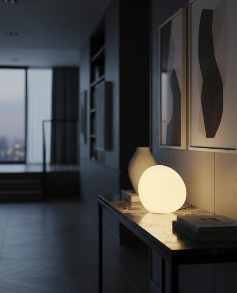 Modern interior with a glowing spherical light on a table