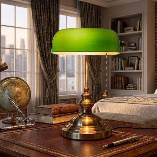 Green lamp on a desk in a bedroom with a bed and window in the background