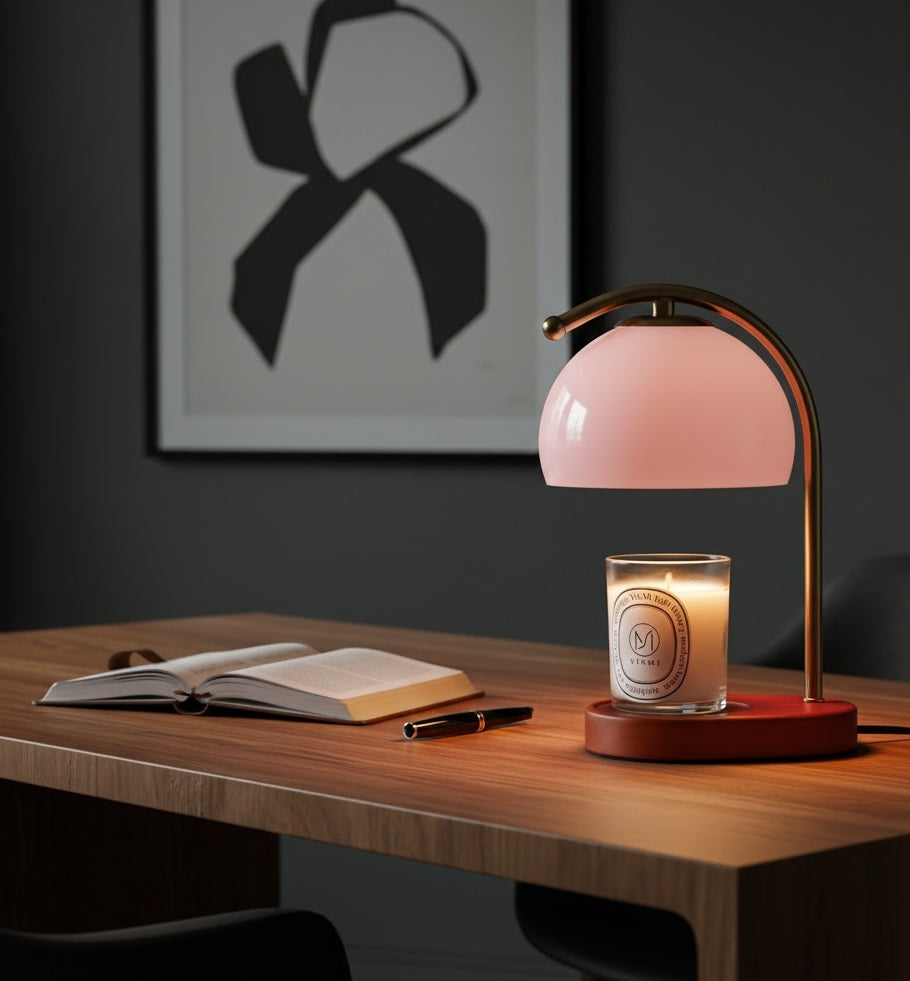 Pink table lamp candle warmer on a wooden desk with a candle and open book in a dimly lit room
