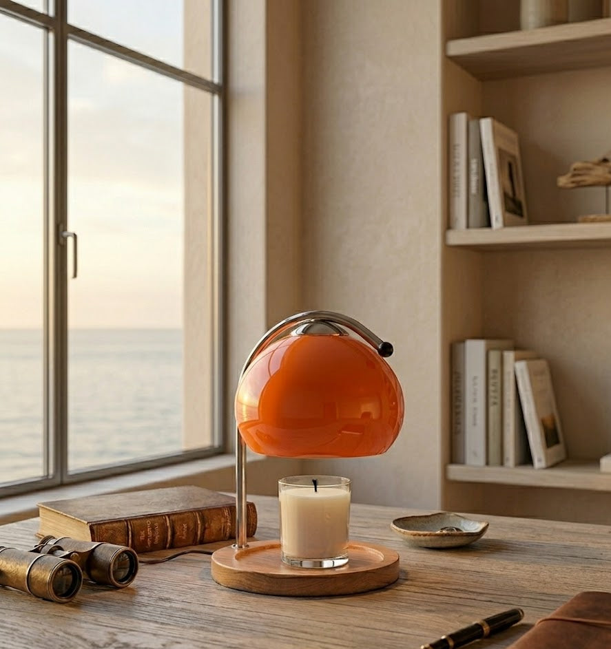 Orange globe lamp on a wooden table with a candle, books, and binoculars in a room with large windows.