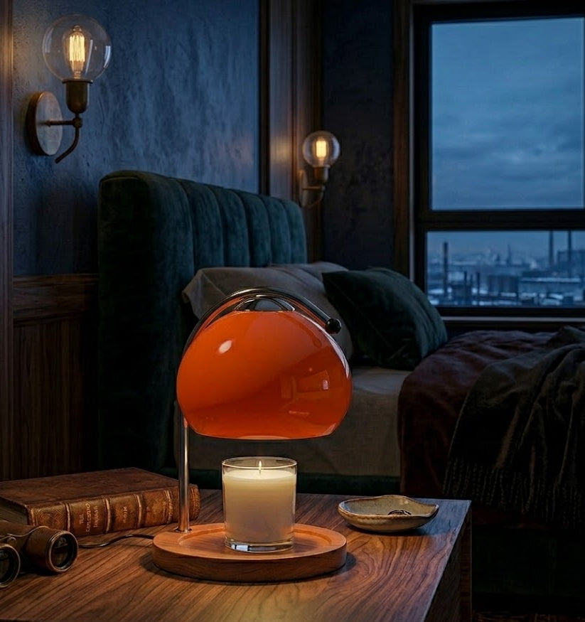 Orange lamp on a wooden table with a candle and books in a dimly lit room.