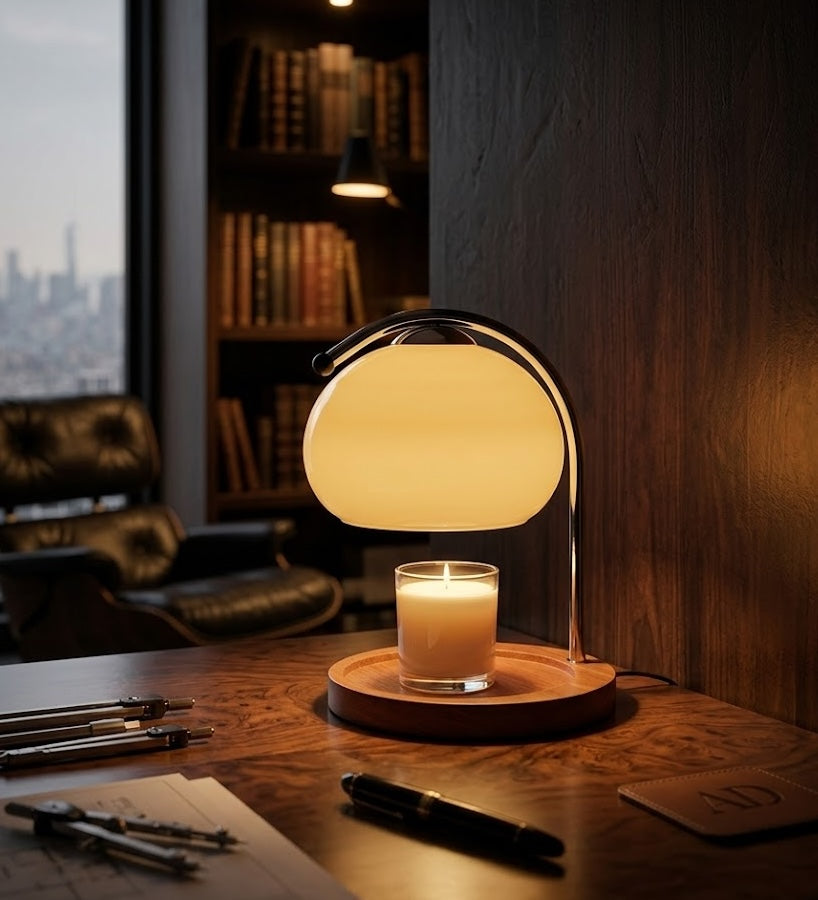 Table lamp with a candle on a desk in a cozy room with books and a cityscape view.