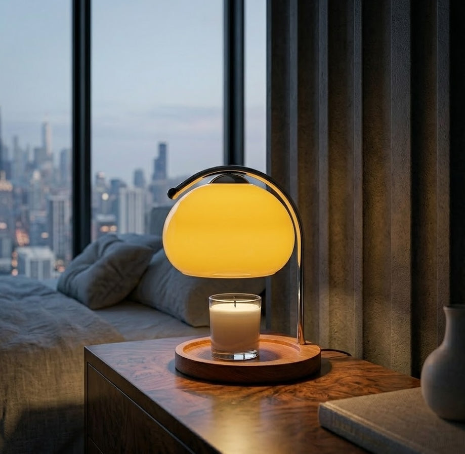 Yellow table lamp on a bedside table with a cityscape view through large windows.