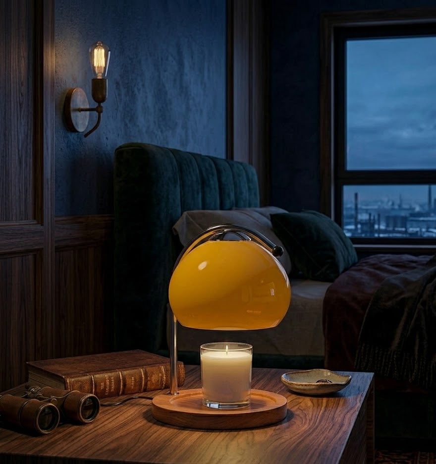 Yellow lamp on a wooden table with a candle and books in a dimly lit room.