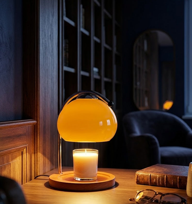Table lamp with a candle on a wooden table in a dimly lit room.