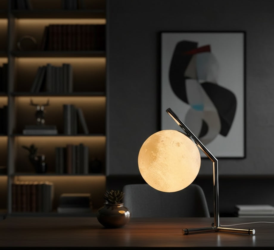 Moon-shaped lamp on a desk in a dimly lit room with books and a painting in the background