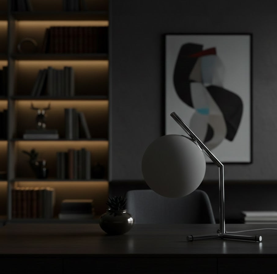 Modern desk lamp on a dark surface with a blurred bookshelf and abstract painting in the background