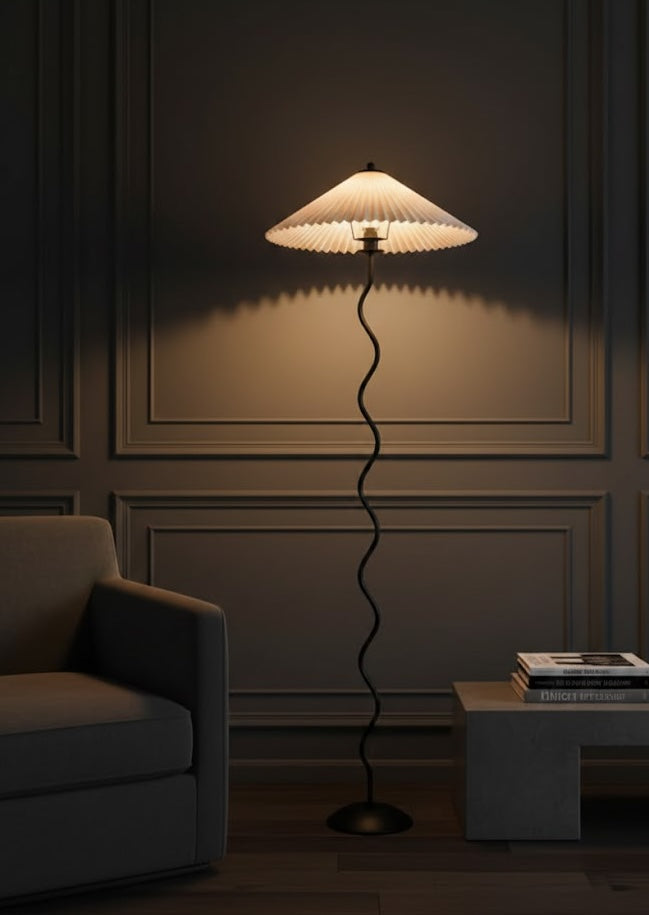 Floor lamp with a unique design in a dimly lit room
