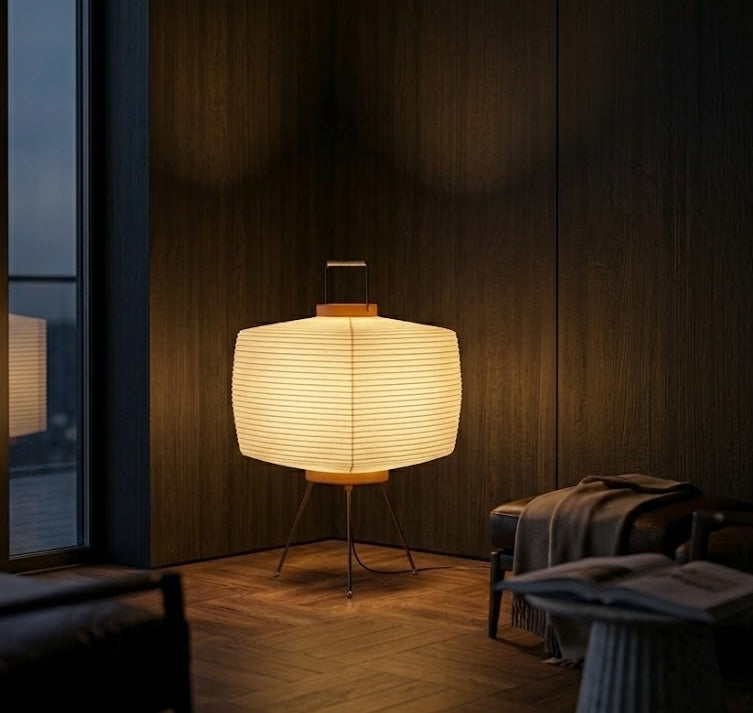 Modern lamp in a dimly lit room with wooden paneling