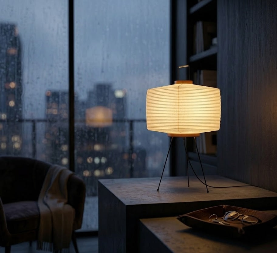 Lamp on a table with a cityscape view through a window