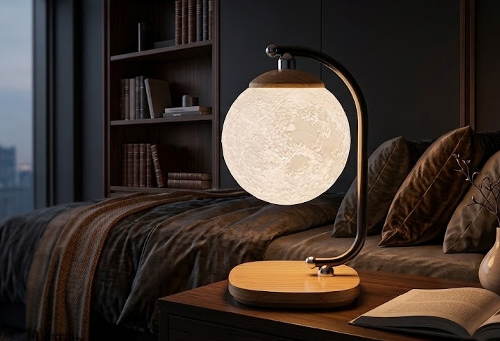 Table lamp with textured globe shade on a bedside table in a bedroom setting