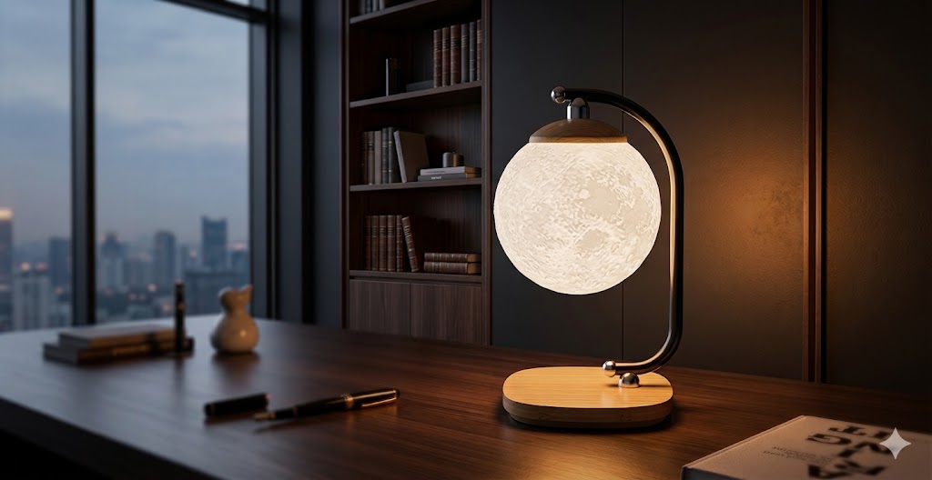Table lamp on a desk with a cityscape view in the background