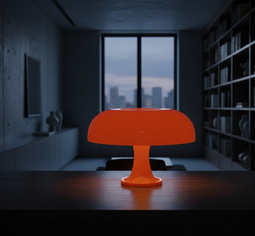 Orange table lamp on a dark surface with a cityscape view in the background