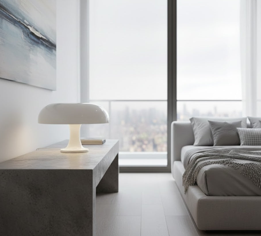 Modern bedroom with a bed, lamp, and large window